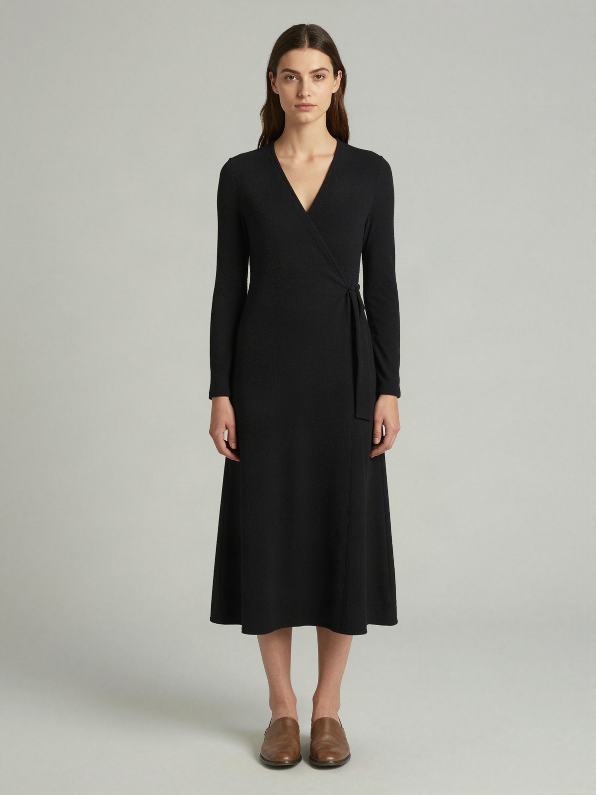 Solvenne - Long Sleeve Wrap Dress in Brushed Twill