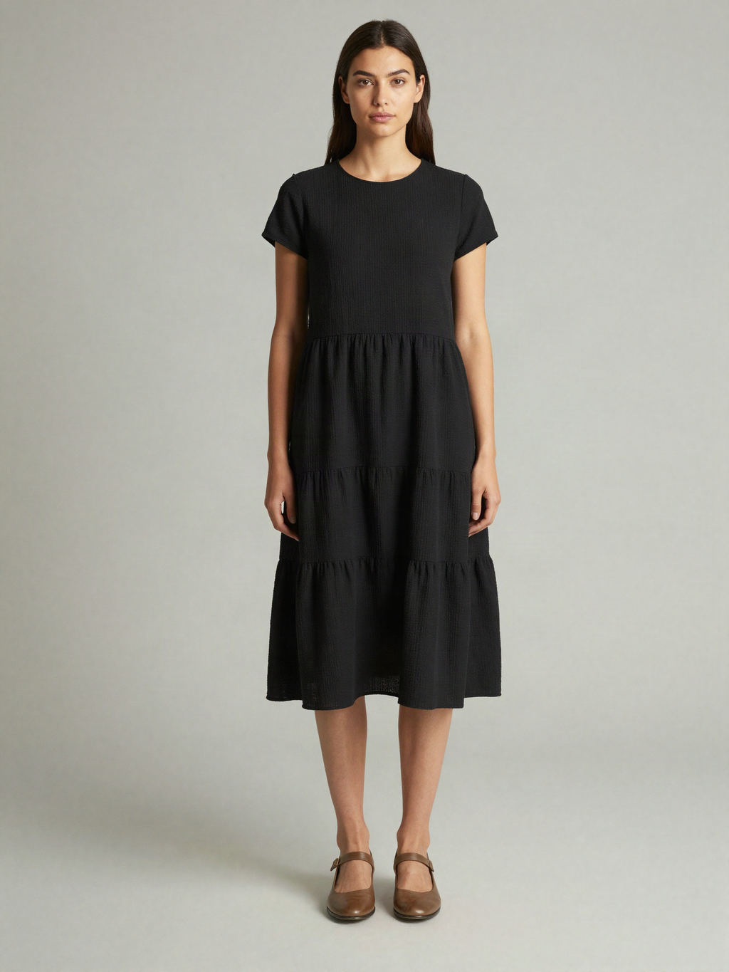 Rothmere - Tiered Midi Dress in Textured Crepe